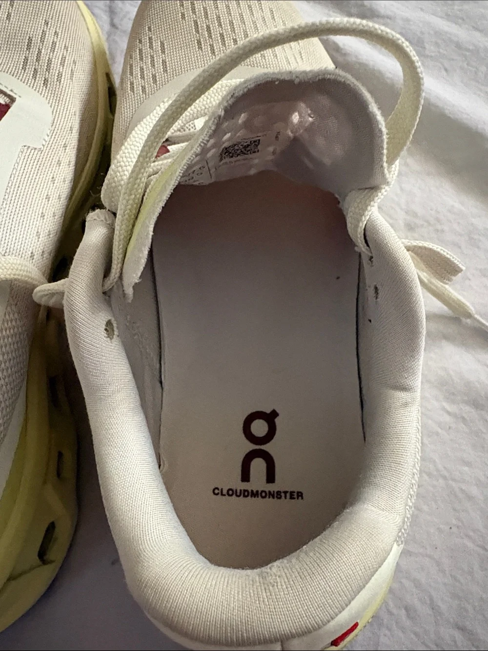 On Running Cloudmonster Sneakers in Cream with Yellow and Maroon Accents